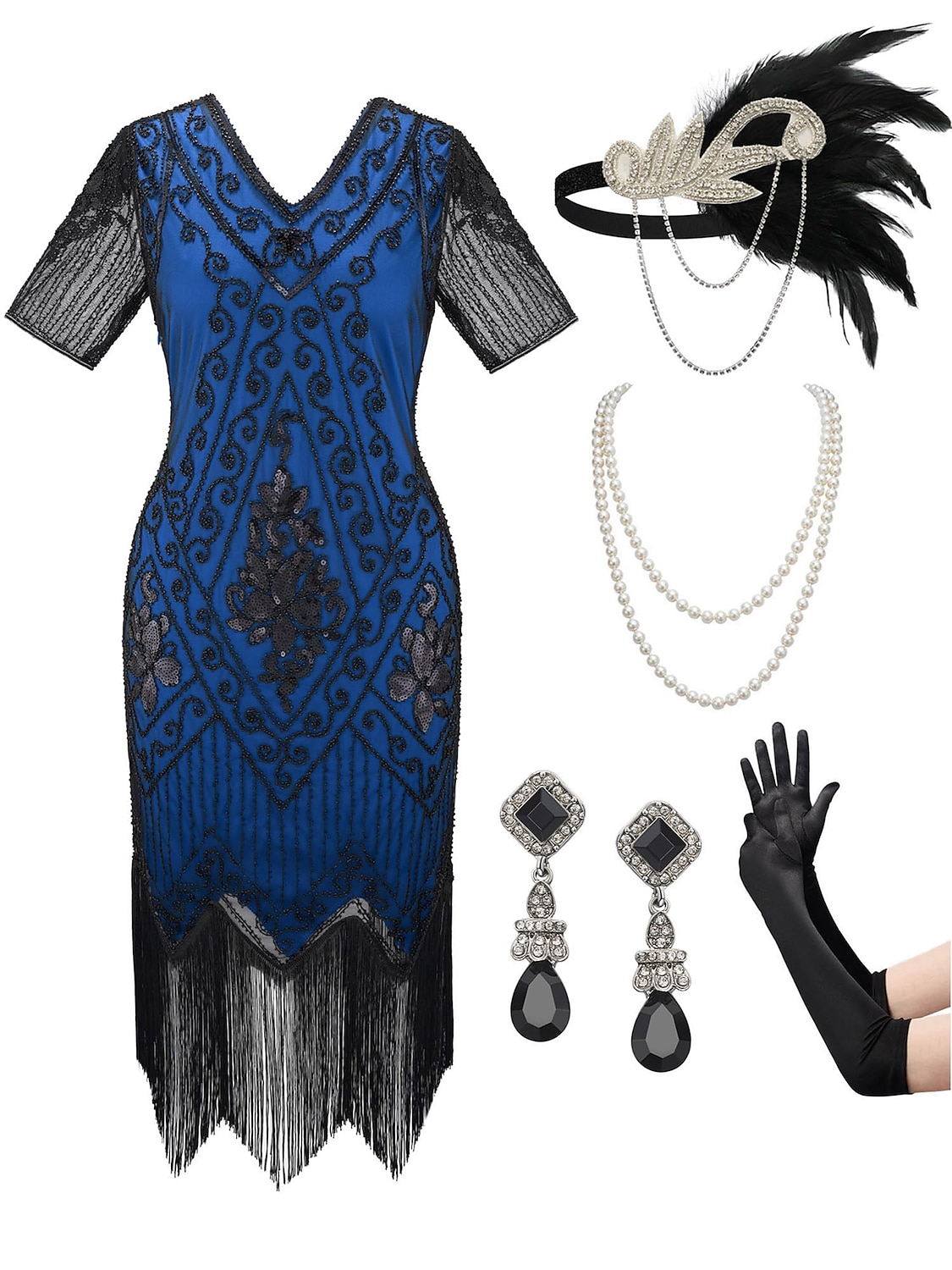 Retro Vintage Roaring 20s 1920s Flapper Dress Outfits Accessories Set The Great Gatsby Wedding Guest Sequins Tassel Fringe Sequin Tassel V Neck Women's Halloween Carnival Masquerade Carnival Party 2025 - $57.99 –P1