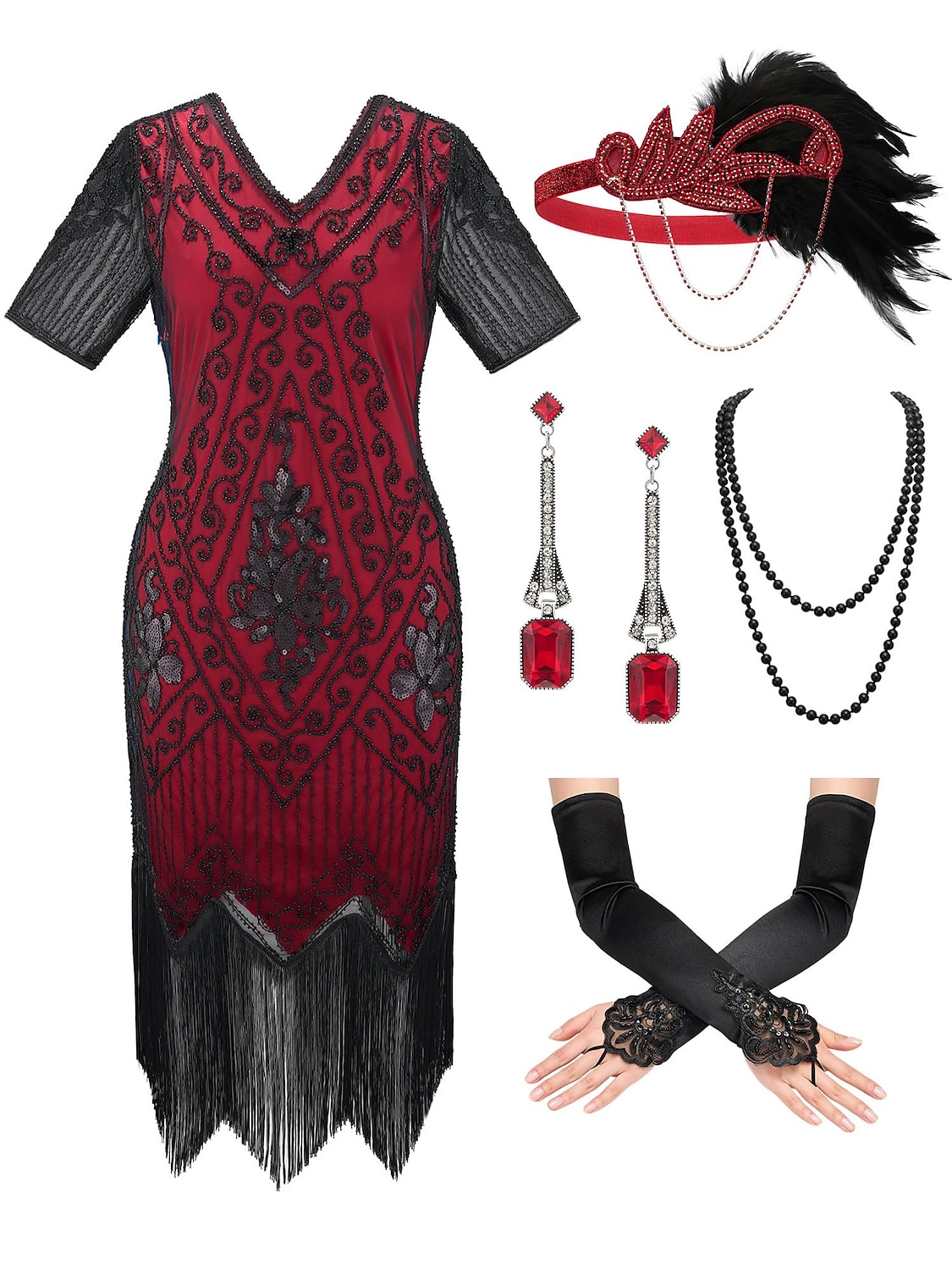 Retro Vintage Roaring 20s 1920s Flapper Dress Outfits Accessories Set The Great Gatsby Wedding Guest Sequins Tassel Fringe Sequin Tassel V Neck Women's Halloween Carnival Masquerade Carnival Party 2025 - $57.99 –P16
