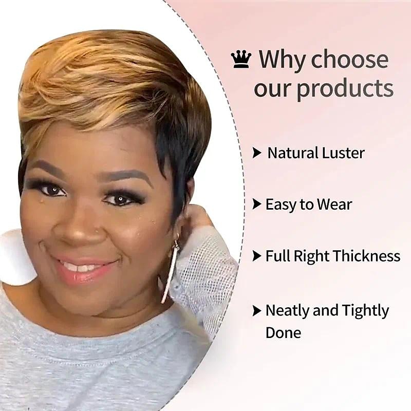 honinggoud en zwarte pixie-cut bobpruik - kort, steil synthetisch haar voor dames 2025 - $21.99 –P7