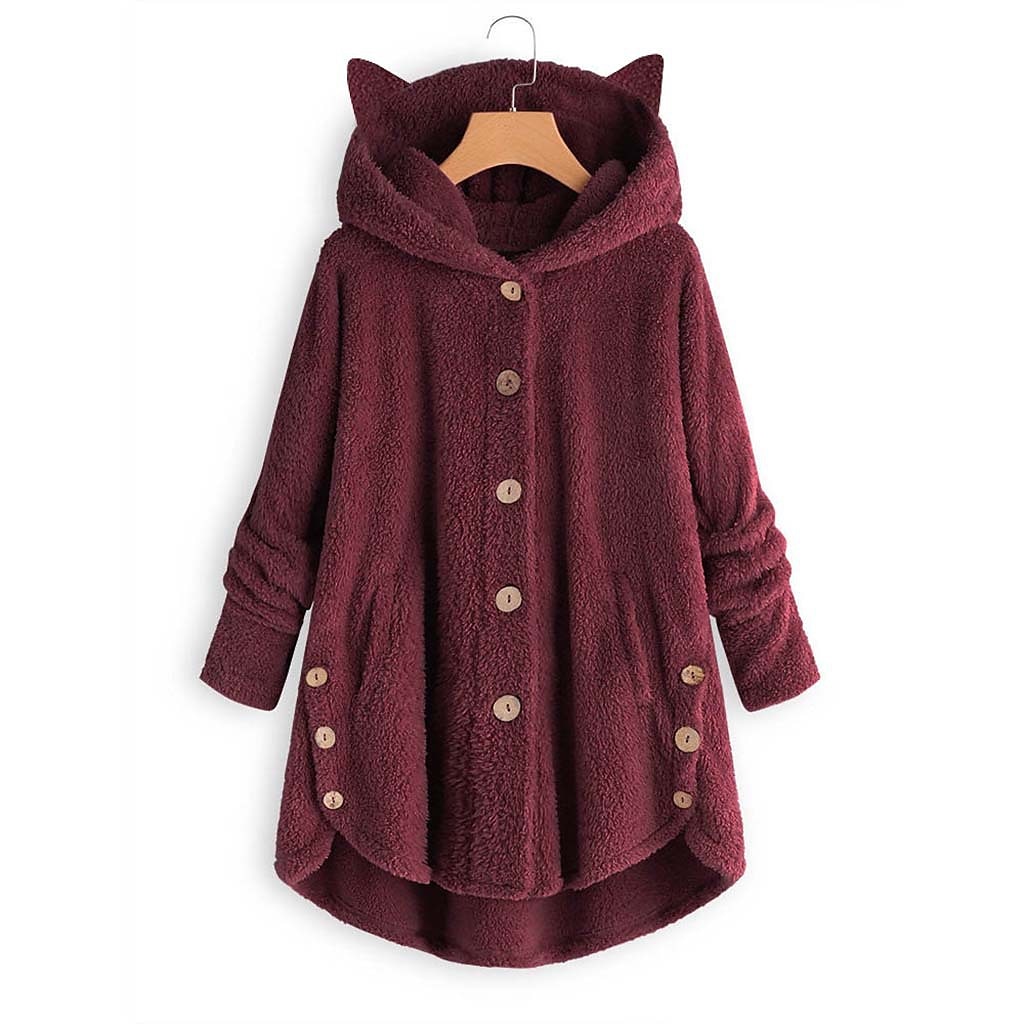 Damen Übergroße Feste Farbe Warm Teddy Fuzzy Langarm Kapuzenpullover Lange Oberteile Strasse Casual Knopf Tasche Schwarz Gelb Rosa Wein Kaffee Herbst Winter 2025 - $19.99 –P3