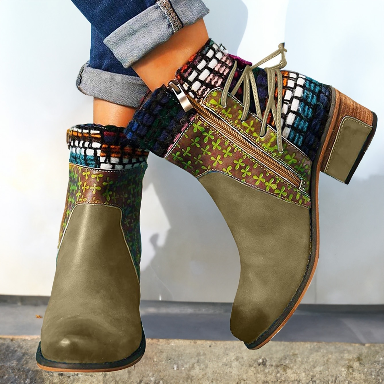 cizme boho chic de damă cu mozaic colorat și fermoar – cizme cu șireturi în stil vintage pentru toamnă și iarnă 2025 - $59.99 –P1