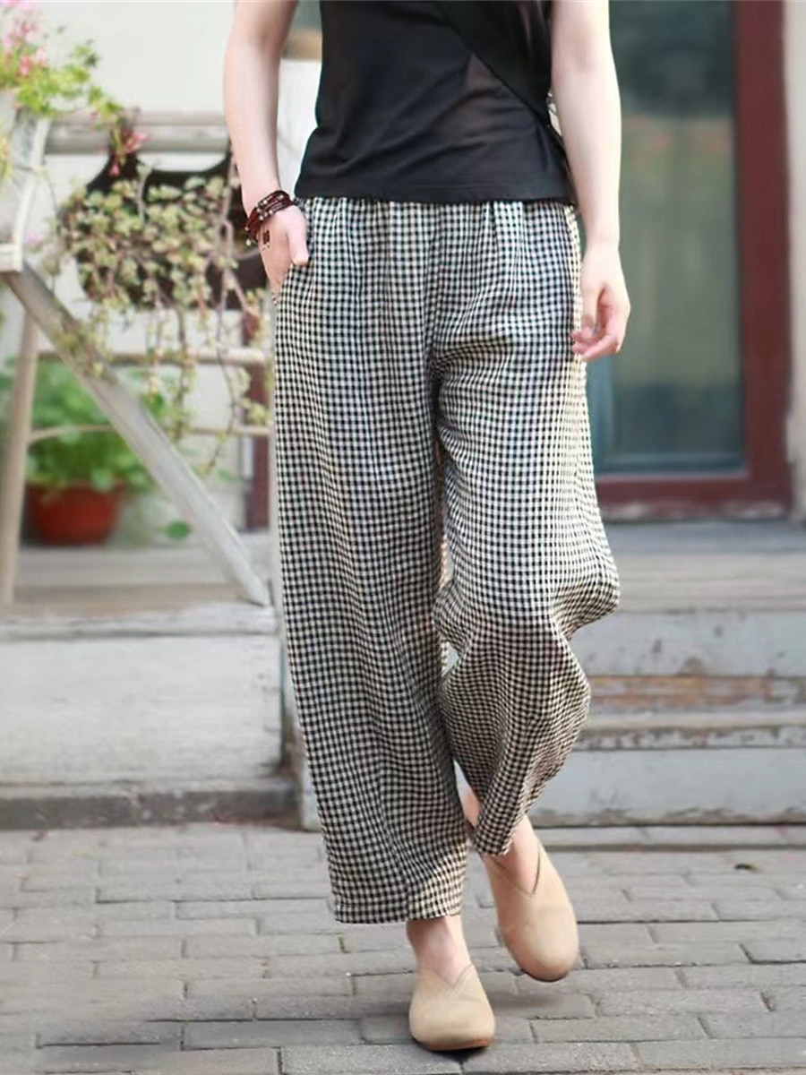 Women's Wide Leg Pants Trousers Linen Cotton Blend Plaid High Waist Full Length Black Fall 2025 - $18.99 –P9
