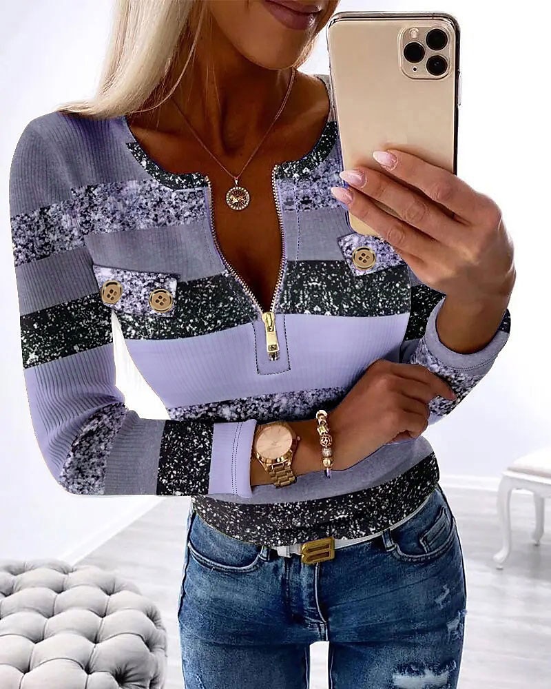 Women's T Shirt Color Block Fashion Long Sleeve Round Neck Half Zip Regular Tops Daily Weekend Print Quarter Zip Pink Blue Purple Green Gray Spring & Fall 2025 - $25.99 –P1