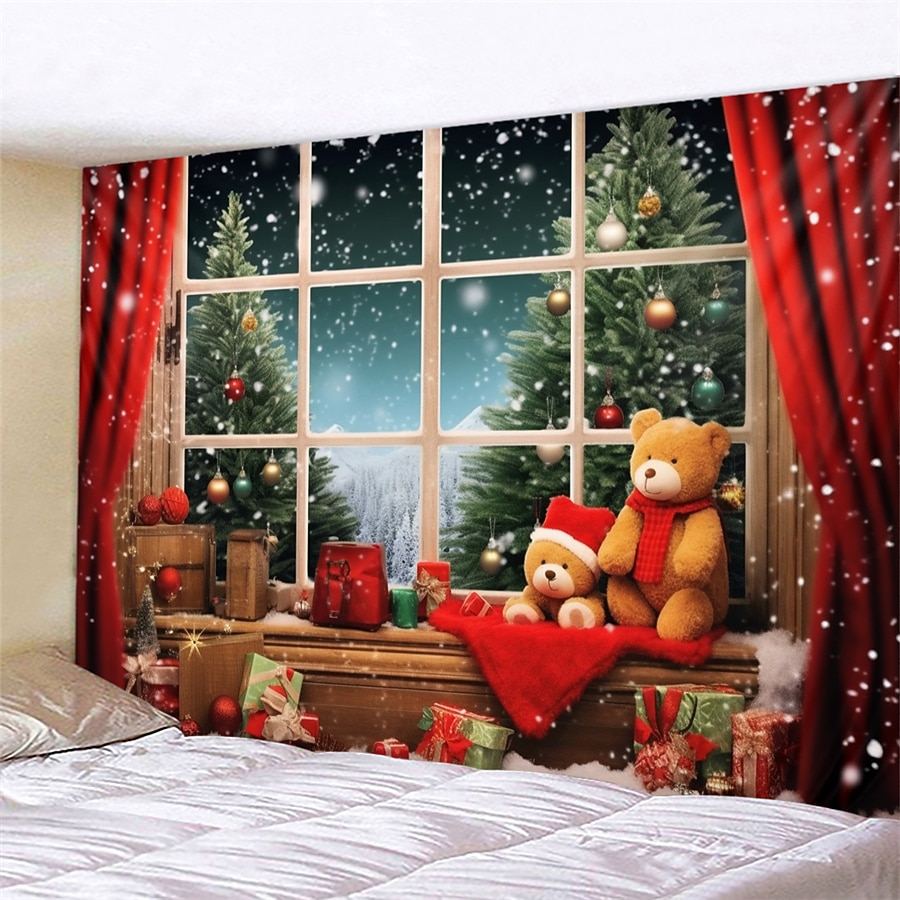juldekorationer julgran hängande gobeläng väggkonst xmas stor gobeläng väggmålning dekor fotografi bakgrund filt gardin hem sovrum vardagsrum björn fönster vy 2025 - $17.49 –P8