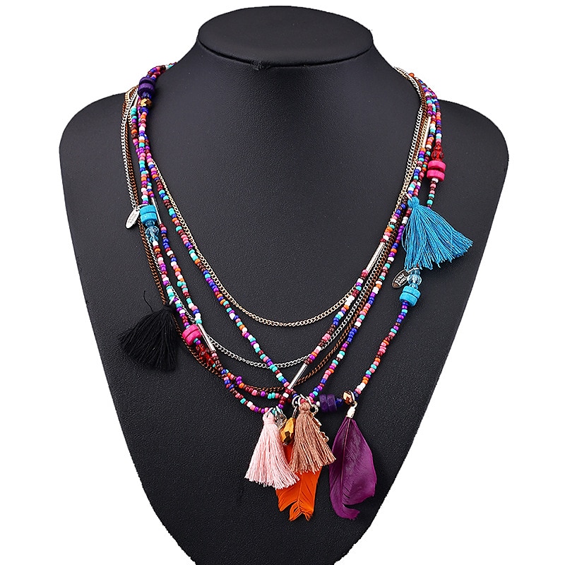 CARNIVAL Bohemian Multi layered Necklace Handmade Beaded Feather Fringe Sweater Chain Resin Rice Beads Tourism Jewelry 2025 - $14.99 –P5
