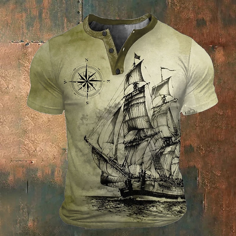 Herren Grafik Schiff T Shirt Henley Hemd Kurzarm 3D-Druck Mode Klassisch Retro Vintage Sport im Freien Ferien Ausgehen Frühling & Sommer Blau Braun Armeegrün Grau Henley Henley T-Shirt 2026 - $22.99 –P3