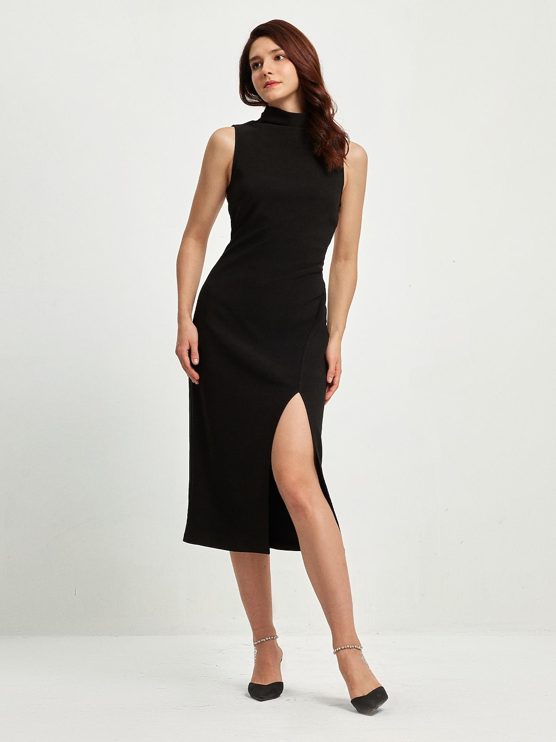 rochie neagra dama rochie fara maneci cu crapatura inalta rochie de petrecere midi cu gat inalt 2025 - $22.99 –P1