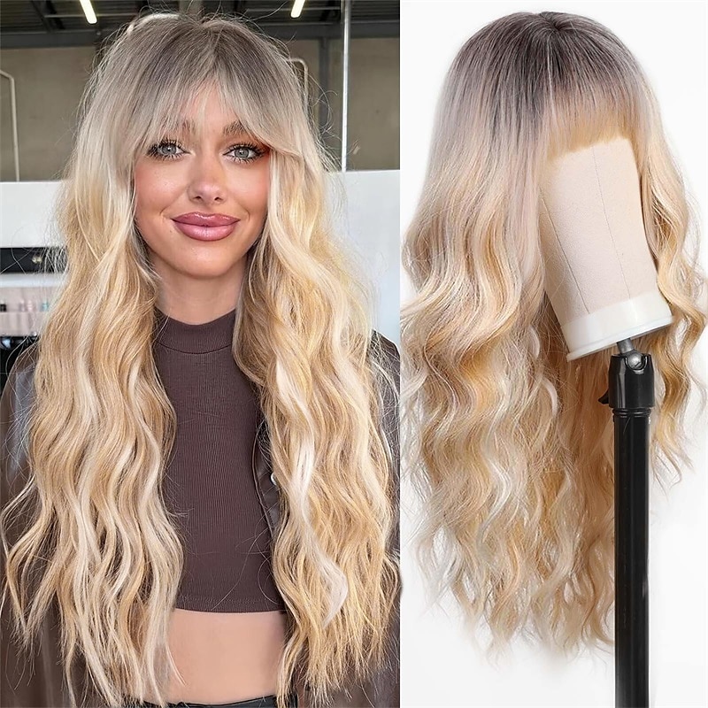 zwarte pruik met pony voor vrouwen lang golvend haar pruik zwarte pruik krullend golvend synthetische pruiken voor meisjes dagelijks feestgebruik 2025 - $26.99 –P16