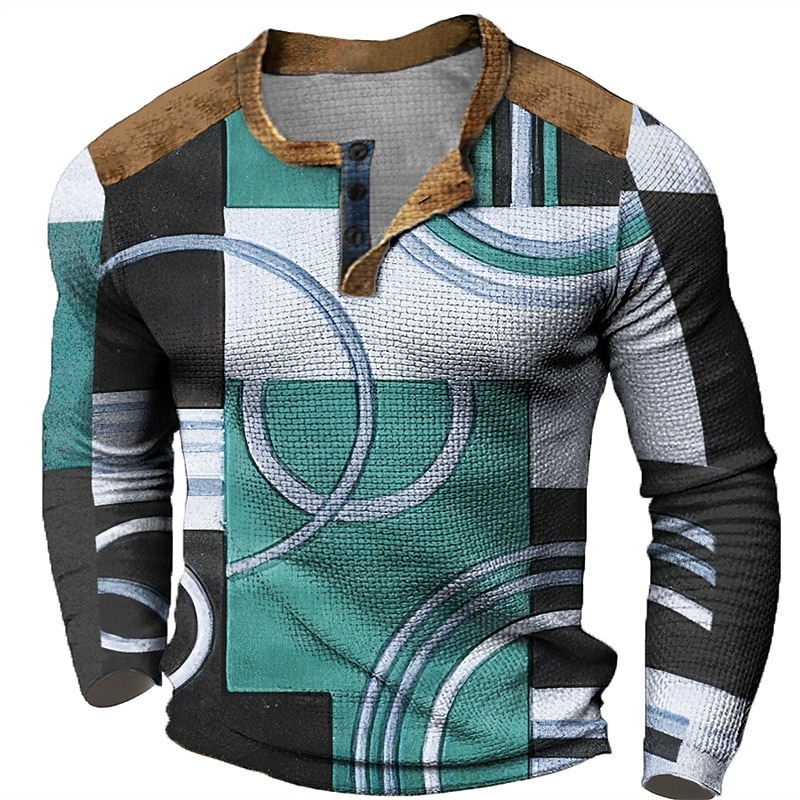 Men's Graphic Color Block Geometic Henley Shirt Waffle T Shirt Long Sleeve 3D Print Fashion Designer Casual Sports Outdoor Holiday Festival Spring &  Fall Blue Red Purple Orange Gray Henley Henley 2026 - $26.99 –P4