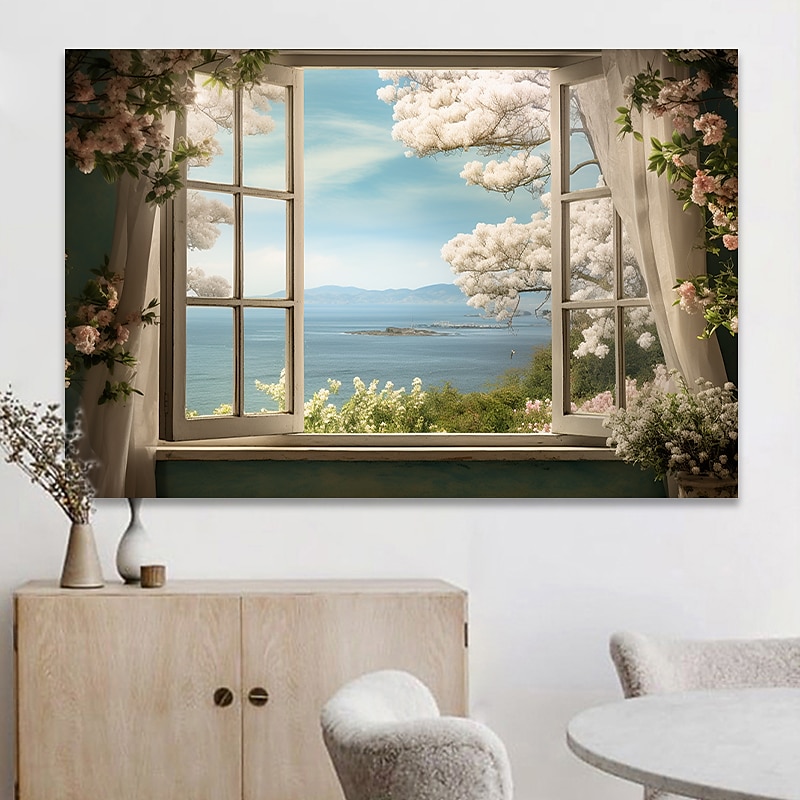 Paisaje pared arte lienzo ventana falsa primavera flores de cerezo impresiones y carteles fotos tela decorativa pintura para sala de estar fotos sin marco 2025 - $17.49 –P11