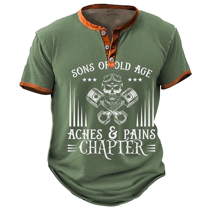 Mens Henley Graphic T-Shirt Short Sleeve | Funny Old Age Aches & Pains Chapter Biker Skull 2026 - $22.99 –P3