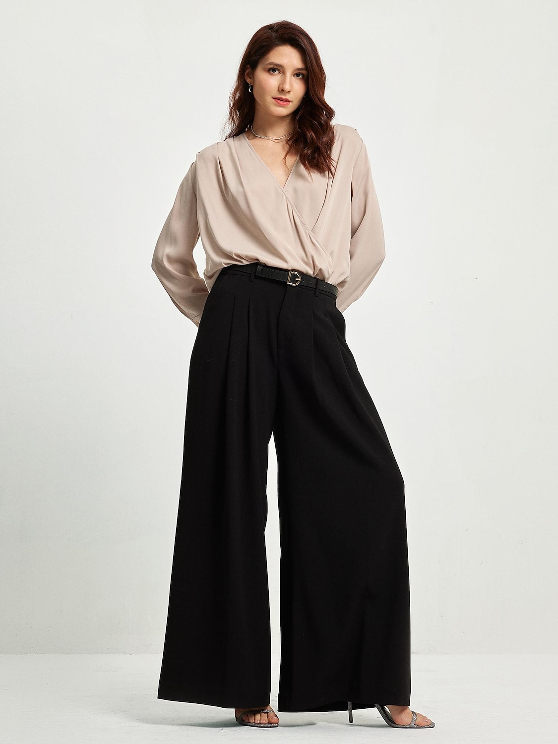 langermet bluse for kvinner uformell essensiell arbeidstop satengbeige v-hals imitert omslagsbluse 2025 - $4.99 –P5
