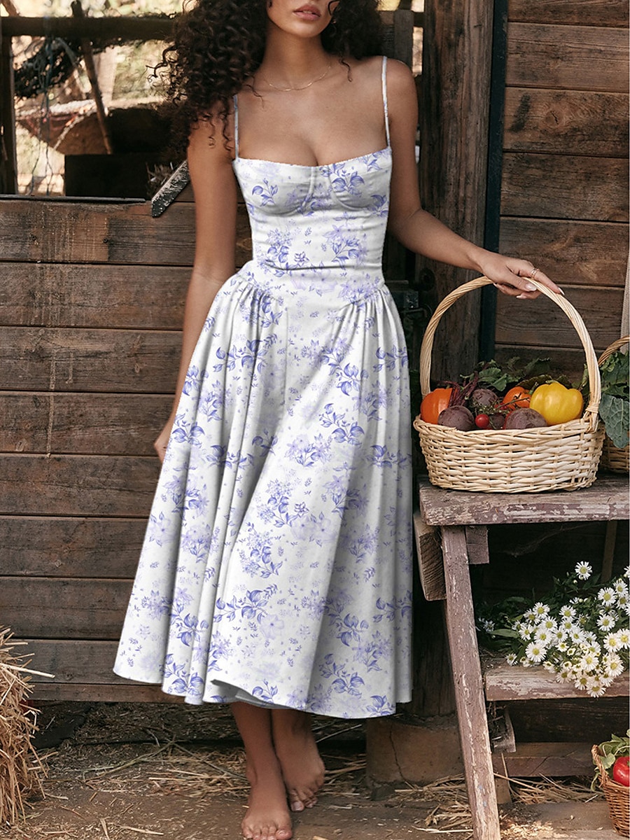 Damen abendkleider Cocktailkleid Kleid für Hochzeitsgäste Rüschen Rückenfrei Spaghetti-Träger Ärmellos Blumen Midikleid kleid hochzeitsgast Cocktailparty Elegant Rote Blau Sommer Frühling 2025 - $29.99 –P3