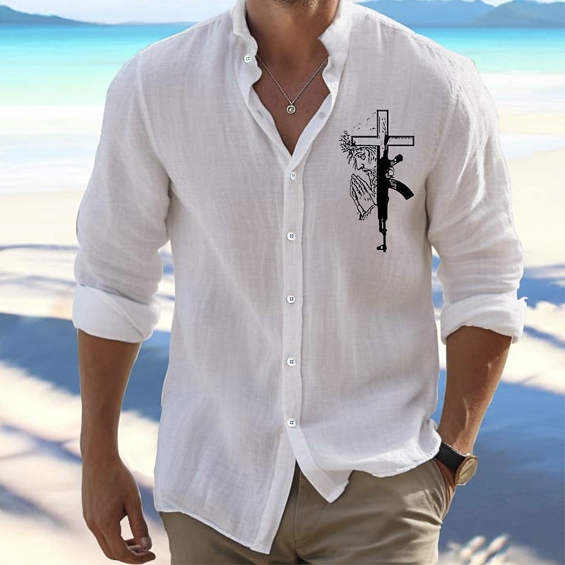 Per uomo Camicia Camicia da Spiaggia Camicia con Bottoni Croce All'aperto Vacanza Nero Bianco Rosa Arancione Manica Lunga Colletto Mao Primavera & Autunno Abbigliamento Stampato del 2026 a $27.99 –P11