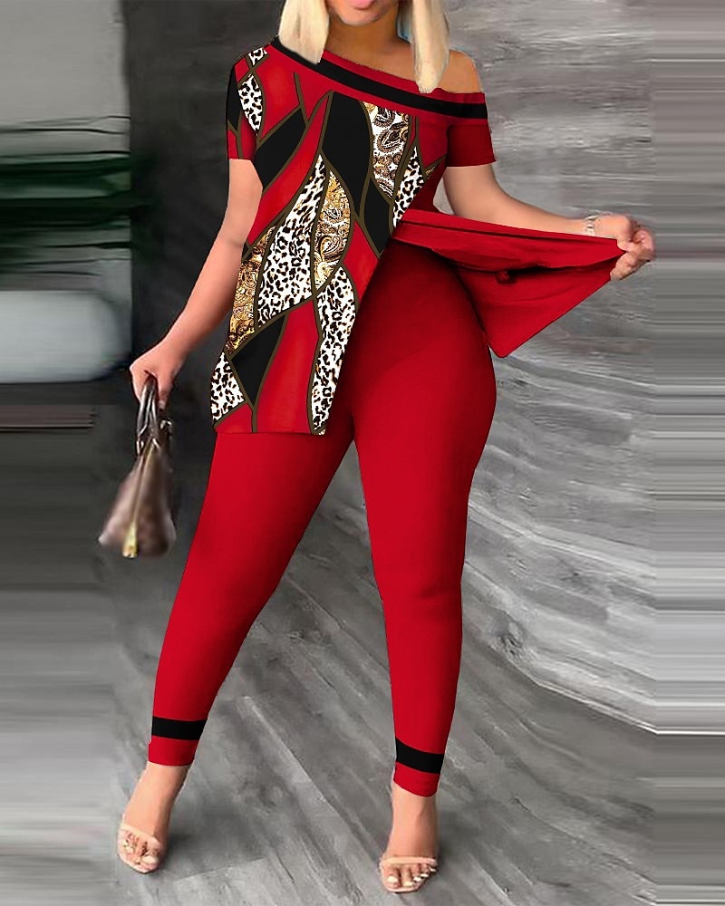 Femme Mode Chemise Ensembles de pantalons Pantalon Manche Courte Une Epaule Léopard Imprimer Casual Quotidien Jaune Rouge Bleu Printemps été Standard de 2025 ? $32.99 –P4