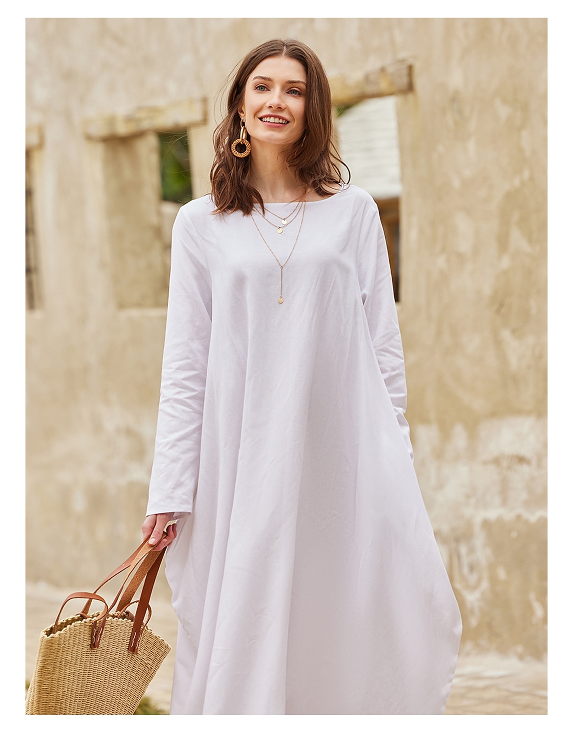 55% Linen Women's White Linen Dress Plain Breathable Crew Neck Pocket  Comfortable Maxi Dress Long Sleeve Loose Summer Spring 2026 - $66.99