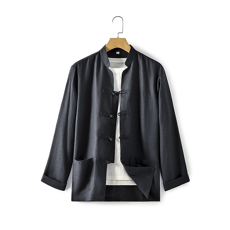 100% Linho Bolsos Homens Camisa Social camisa de linho Preto Branco Azul Escuro Manga Longa Tecido Colarinho Clerical Primavera & Outono Ao ar livre Diário Roupa de 2026 por $31.99 –P10