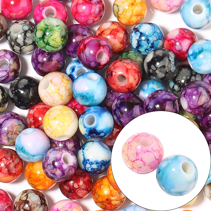 50/100pcs entusiastas de contas 8/10/12mm contas espaçadoras de acrílico rachado, tinta colorida impressa padrão de cerâmica buraco reto contas redondas diy pulseira colar pingente de joias. de 2026 por $9.99 –P2