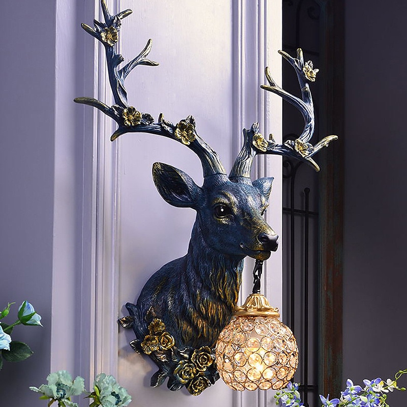 Lucky Deer Head kinkiet kreatywna żywica poroża lampa ścienna do montażu na ścianie lampa z kryształowym abażurem oprawa dekoracyjna do salonu w kolorze białym 2025 - $564.29 –P2