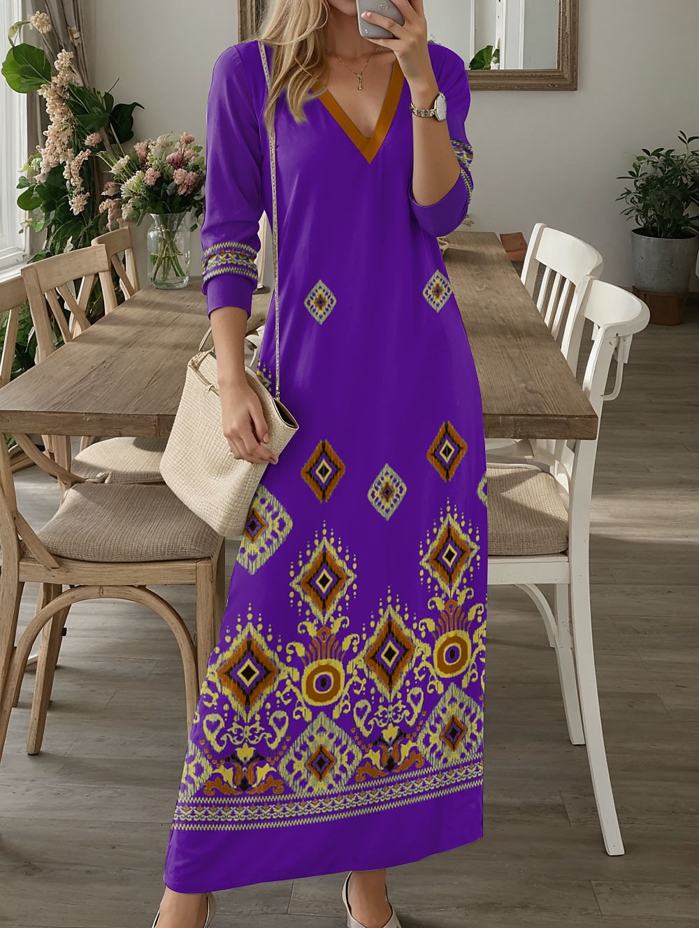 Rochie Maxi Femei Rochie Casual Rochie T-Shirt Rochie Tee Imprimare Tribal Floral cu Buzunar Decolteu în V Rochie Lungă Rochie Maxi Vintage Etnică Întâlnire Vacanță Mâneci Lungi Toamnă Iarnă 2025 - $36.99 –P5