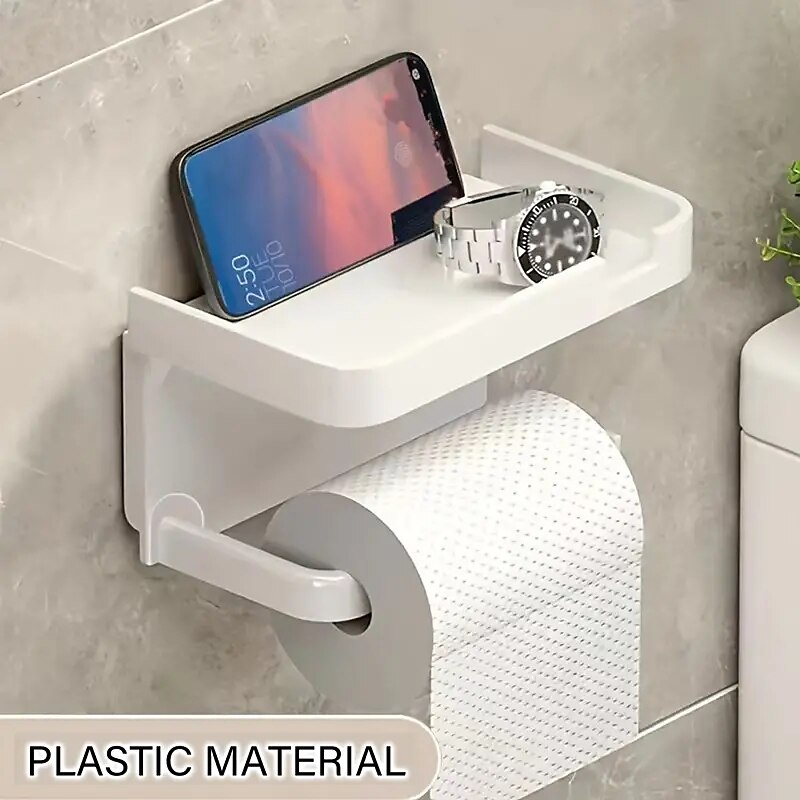 1 portaoggetti per carta igienica a parete & porta cellulare porta carta igienica autoadesivo con ripiano per telefono migliora il tuo bagno con porta fazzoletti nero antiruggine e bagno del 2025 a $9.99 –P2
