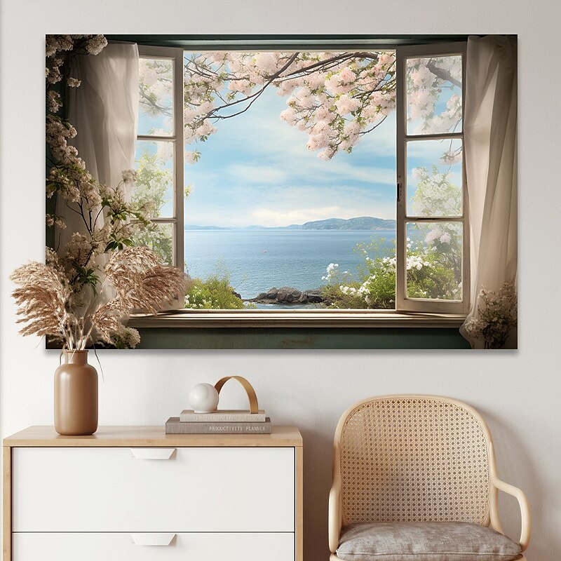 Paisaje pared arte lienzo ventana falsa primavera flores de cerezo impresiones y carteles fotos tela decorativa pintura para sala de estar fotos sin marco 2025 - $17.49 –P6