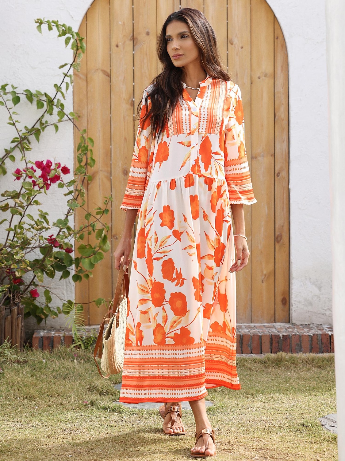 Per donna Abito da festa Largo Maxi in Raso Abito maxi Arancione Maniche a 3/4 Fiori e Piante Fiori / Piante Stampa Primavera Primavera ed Estate Scollo a V Collo alla coreana Vestiti Abito da vacanza del 2025 a $75.99 –P5