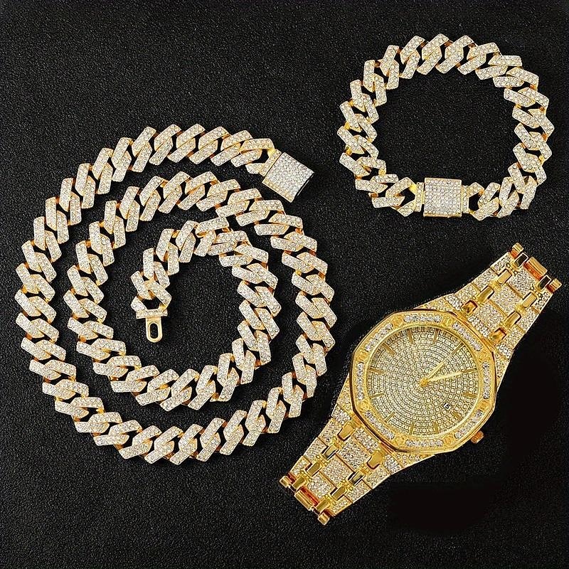 3pcs/set HipHop Mens Rhinestone Watch & Necklace & Bracelet Set, Christmas Gift 2025 - $38.99 –P8