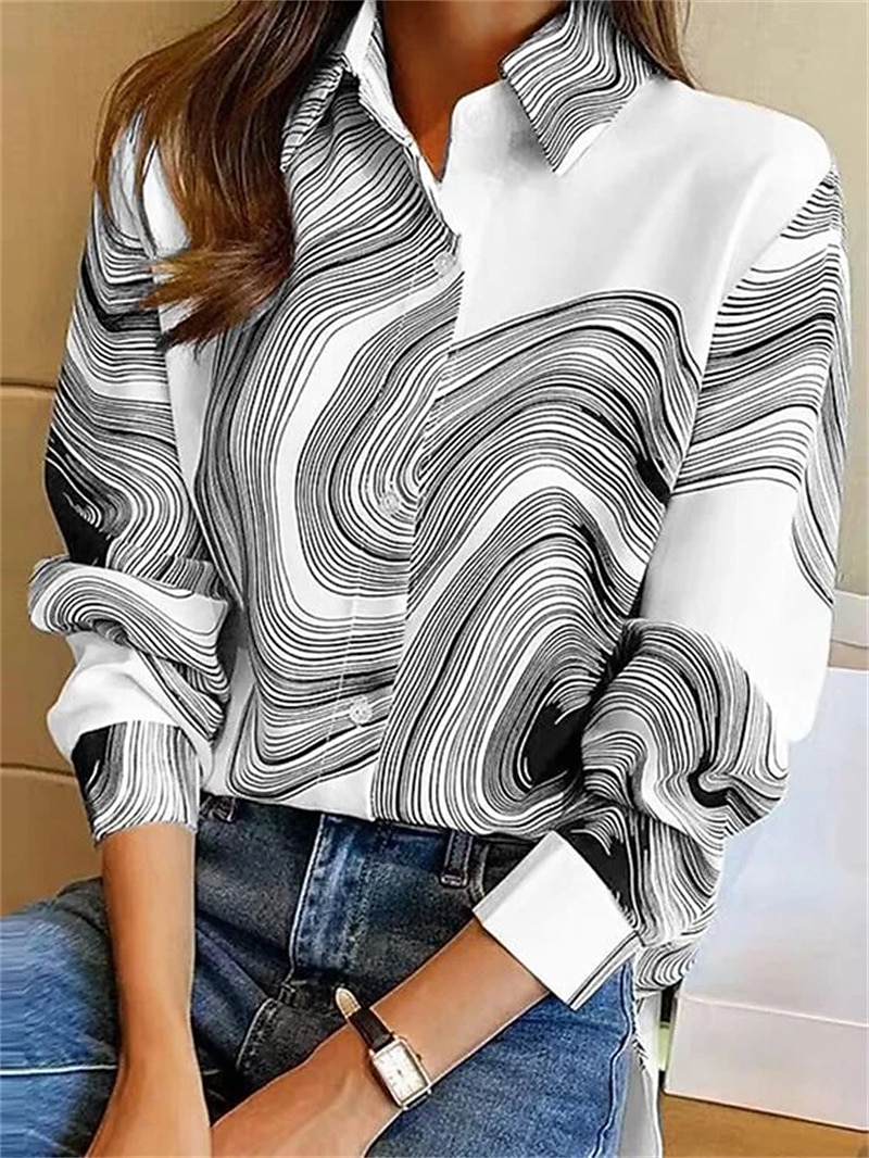 Cămașă pentru femei cu print la modă cu nasturi cu mânecă lungă bluze regolare guler casual alb-negru primăvară și toamnă 2025 - $26.99 –P1