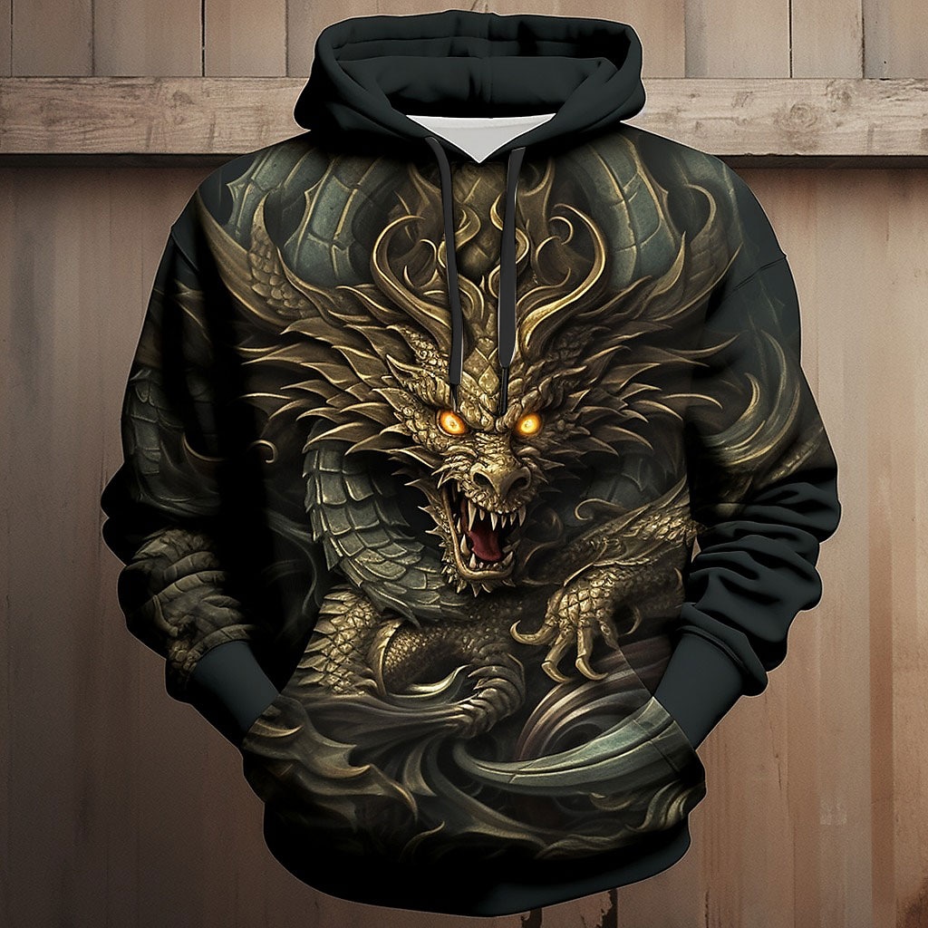 Pánské Grafika Zvíře Drak Kapuce Kapucky Mikina Denní Základní Dlouhý rukáv Kapuce Dovolená Outdoorové sporty Streetwear Černá Žlutá Tisk Přední kapsa Jaro & podzim Návrhář 2025 - $29.99 –P4