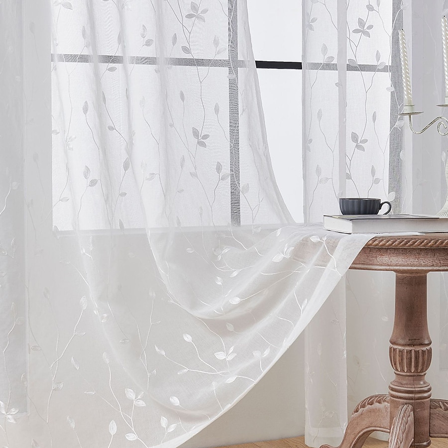 Rideau semi-transparent blanc brodé de feuilles, ensemble de rideaux à passe-tringle, panneau de fenêtre, drapé pour chambre de fille/chambre d'enfant/crèche/salon 1 panneau de 2025 ? $18.49 –P9