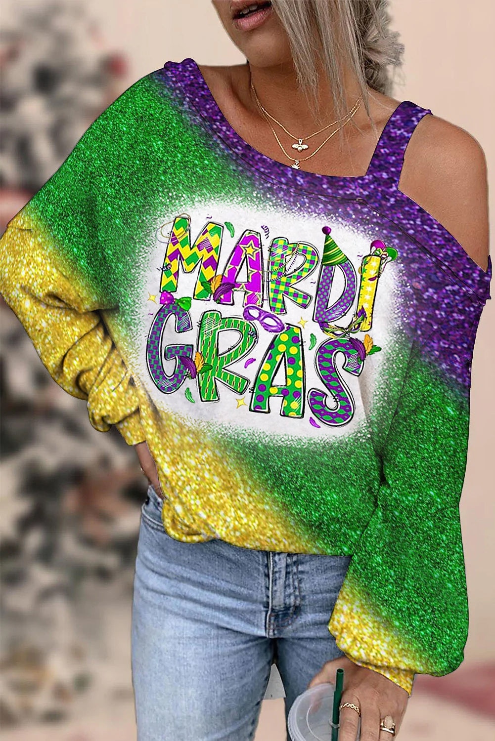 dameskjorte bluse mardi gras skjorte mote hjerte vanlige topper lange ermer en skulder print regular fit karneval avslappet gå ut lysegrønn grønn vår & høstens karnevalstema 2025 - $29.99 –P1