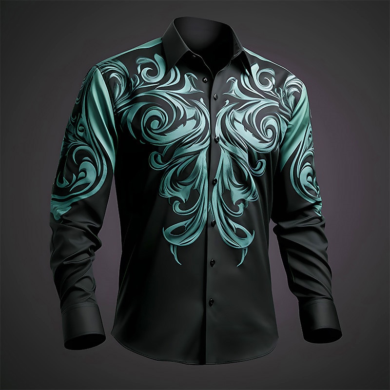 Men's Shirt Button Up Shirt Long Sleeve Artistic Daily Wear Going out Fall & Winter Turndown Print Button-Down Light Blue Yellow Dark Green Purple Green 2025 - $26.99 –P3