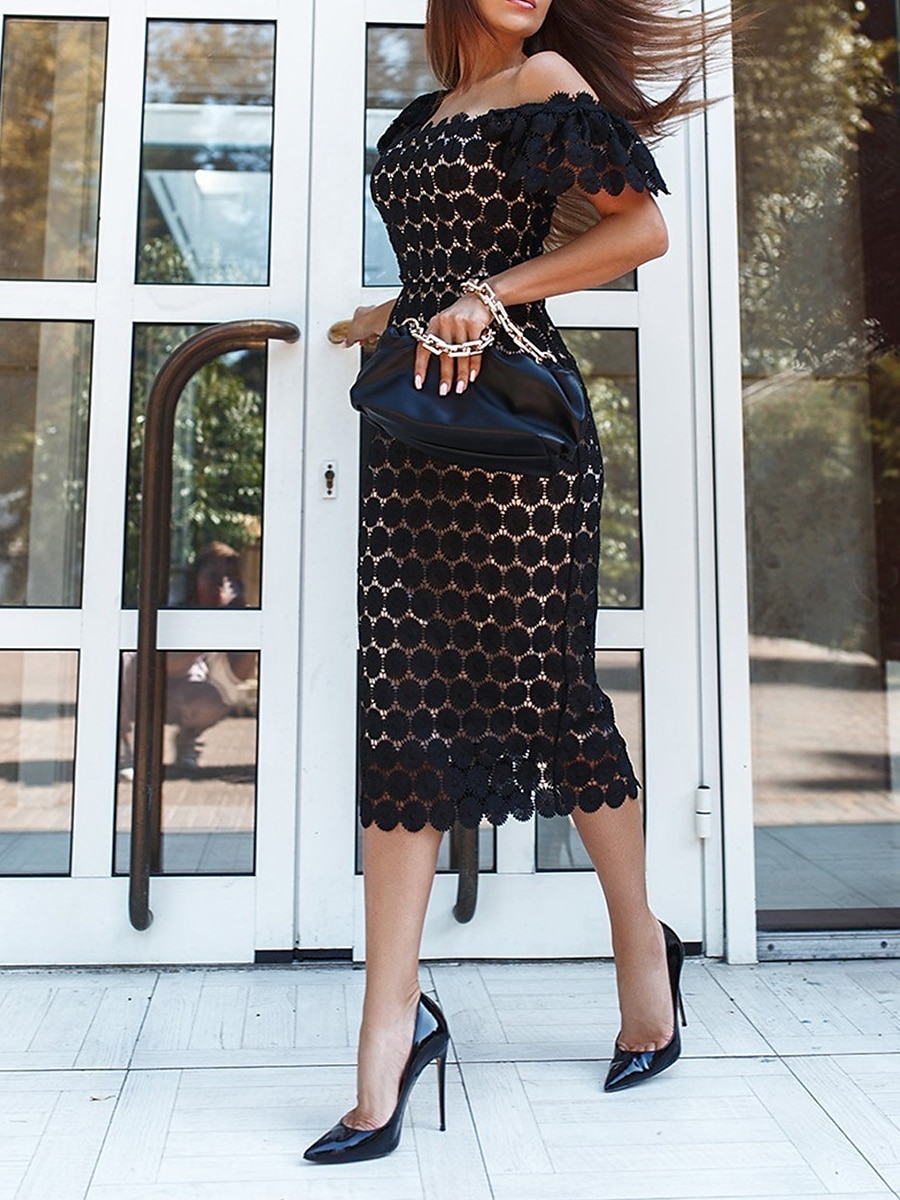 Dámské Midi šaty Bílé krajkové svatební šaty Elegantní Večírek Párty Dar Běžný Bez vzoru Krátký rukáv Hranatý Černá Bílá Světlá růžová Léto Jaro Podzim Zima 2026 - $41.99 –P6