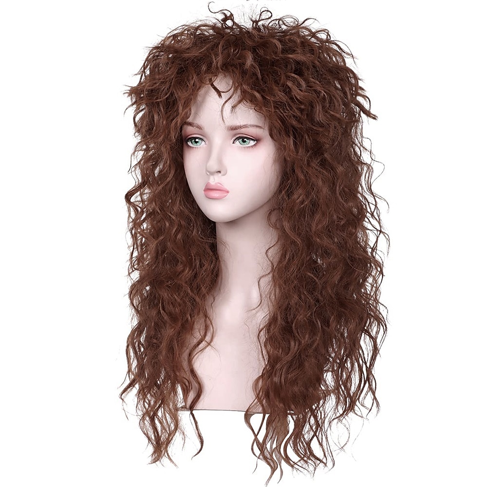 perruque synthétique bouclée avec frange perruque fabriquée à la machine longue a1 cheveux synthétiques femme cosplay doux fête marron foncé perruques de carnaval de 2025 ? $18.99 –P4