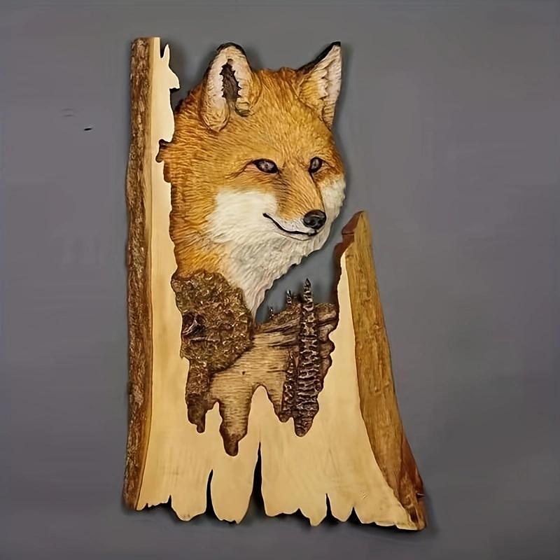Escultura colgante de pared artesanal tallada en animales, decoración pintada a mano de ciervo, oso mapache de madera, para la sala de estar del hogar 2025 - $10.99 –P8