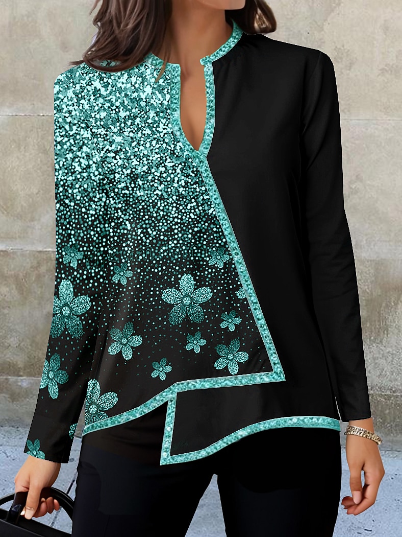 Blusa da Donna Moda Stampa Floreale Orlo Asimmetrico Manica Lunga Regular Collo a V Casual Vacanza Nera Argento Rosa Blu Verde Autunno e Inverno del 2025 a $26.99 –P5