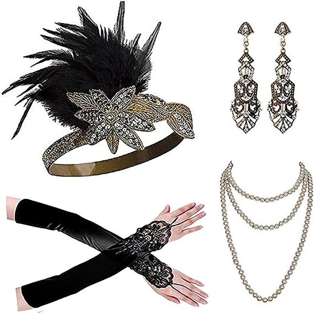 sett med midi flapper kjole fjær pannebånd fuskepels sjal halskjede øredobber lange operahansker kvinners brølende 20-tallet 1920-talls antrekk flapper jente cocktail maskeradefest karneval 2025 - $74.99 –P4