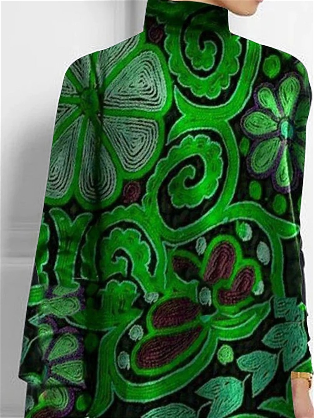 Camiseta de mujer de moda floral impresión dobladillo asimétrico de manga larga largos tops cuello alto casual vacaciones rojo azul verde primavera y otoño 2026 - $25.99 –P3
