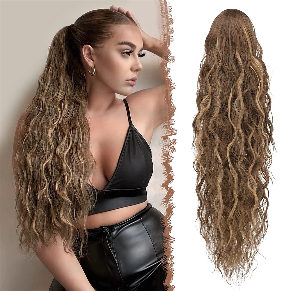 lang krullend golvend trekkoord paardenstaart extensions clip in golvend synthetische haarstukken trekkoord paardenstaarten haarstuk paardenstaart extensie voor vrouwen asblond 26 inch 2025 - $17.99 –P6