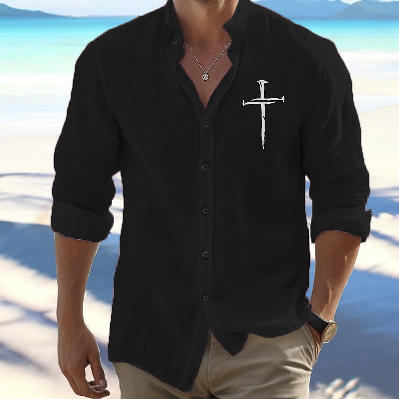 Voor heren Overhemd Strand hemd Overhemd met knopen Geloof Buiten Vakantie Zwart Wit Oranje Licht Grijs Lange mouw Opstaande boord Lente & Herfst Kleding Afdrukken 2025 - $25.99 –P5
