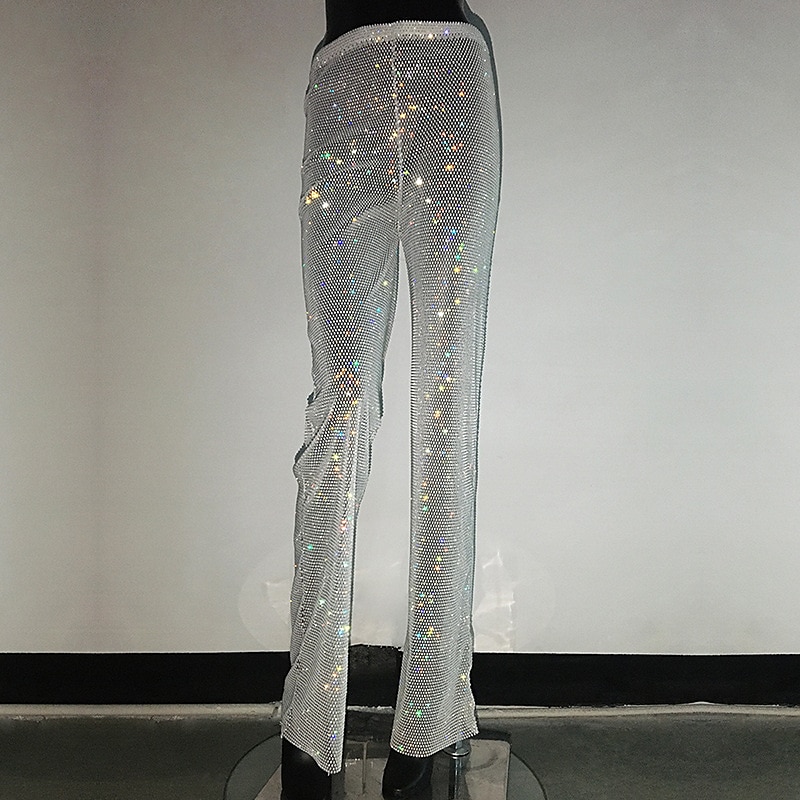 Metallic Sparkle Pants Sheer Mesh Rhinestone Cover Up Disco Solid Color Women's Party Club Pride Parade Adults' Pants 2025 - $86.99 –P14