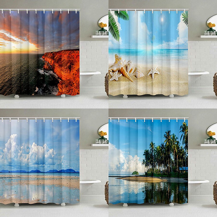 Shower Curtain with Hooks 180cm*180cm(70"*70") Polyester Washable Waterproof Ocean Beach Shells Pattern Bathroom Decor 2025 - $15.49 –P1