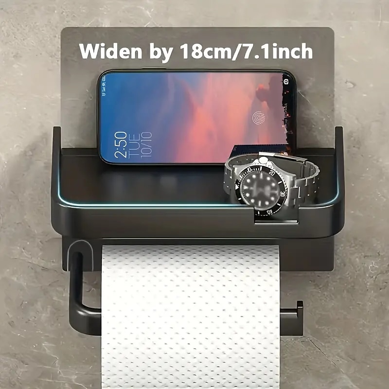 1 portaoggetti per carta igienica a parete & porta cellulare porta carta igienica autoadesivo con ripiano per telefono migliora il tuo bagno con porta fazzoletti nero antiruggine e bagno del 2025 a $9.99 –P6