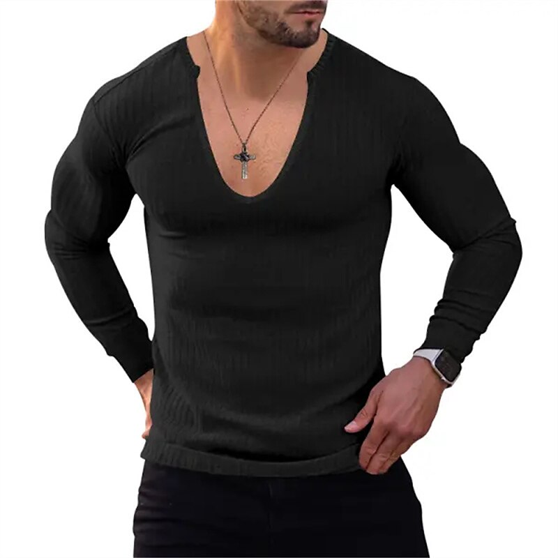 Men's T Shirt Knit Tee Tee Top Long Sleeve Shirt Long Sleeve V Neck Spring & Fall Plain Pit Strip Fashion Designer Basic Vacation Street Going out Wine Black Blue Top Tee for Men 2025 - $23.99 –P8