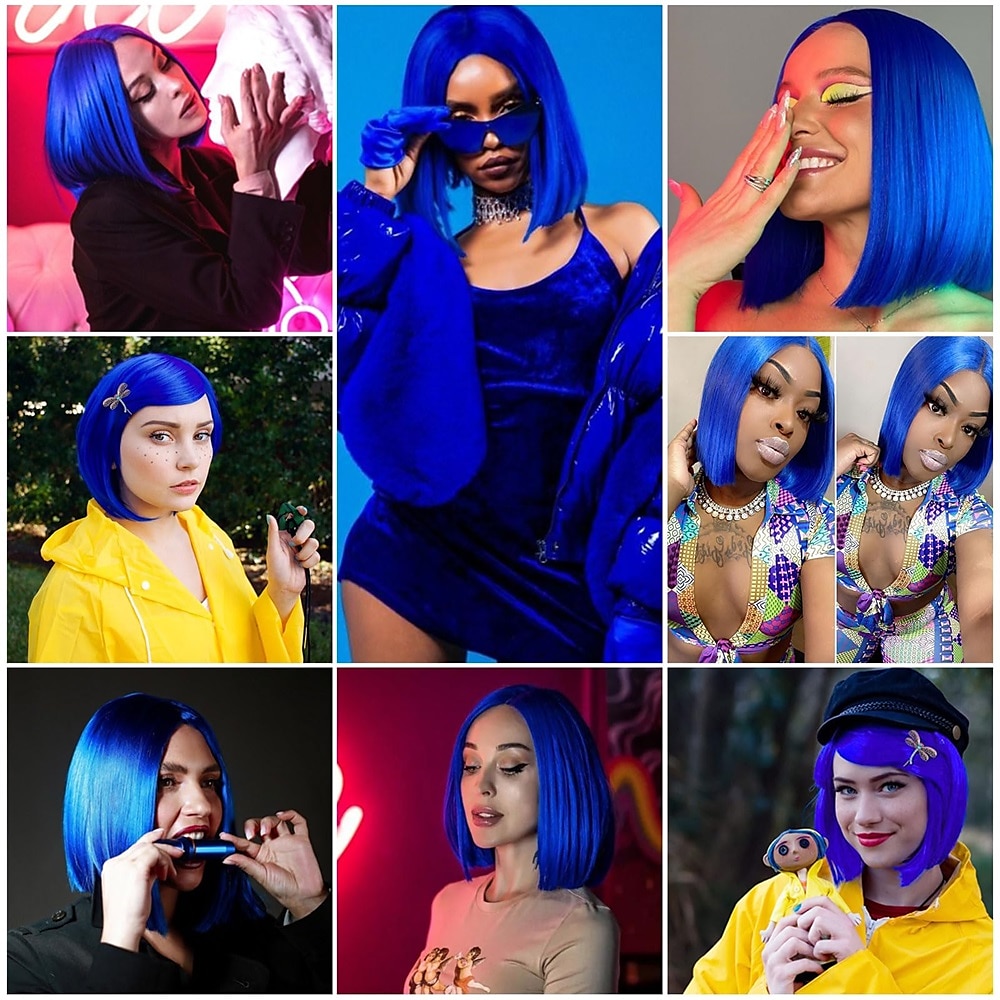 Coraline paruka kostýmový náhrdelník modré bob paruky pro ženy a dívky krátká rovná barevná paruka s třásněmi na tematickou kostýmovou párty karneval (pouze paruka) Halloween paruky 2025 - $15.99 –P5