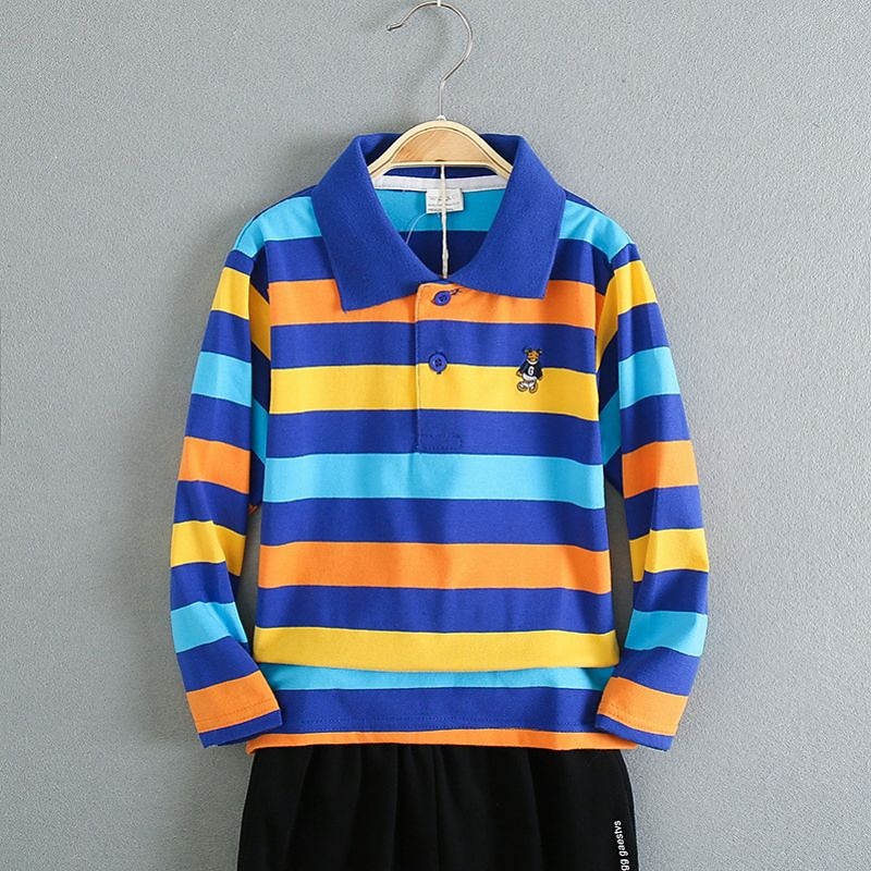 Barn Pojkar T-shirt Tee Tecknat Rand Långärmad Knapp Bomull Barn Top Skola Förtjusande Dagligen Vår Höst GUCI långärmade tjocka ränder 7-13 år 2025 - $17.49 –P10