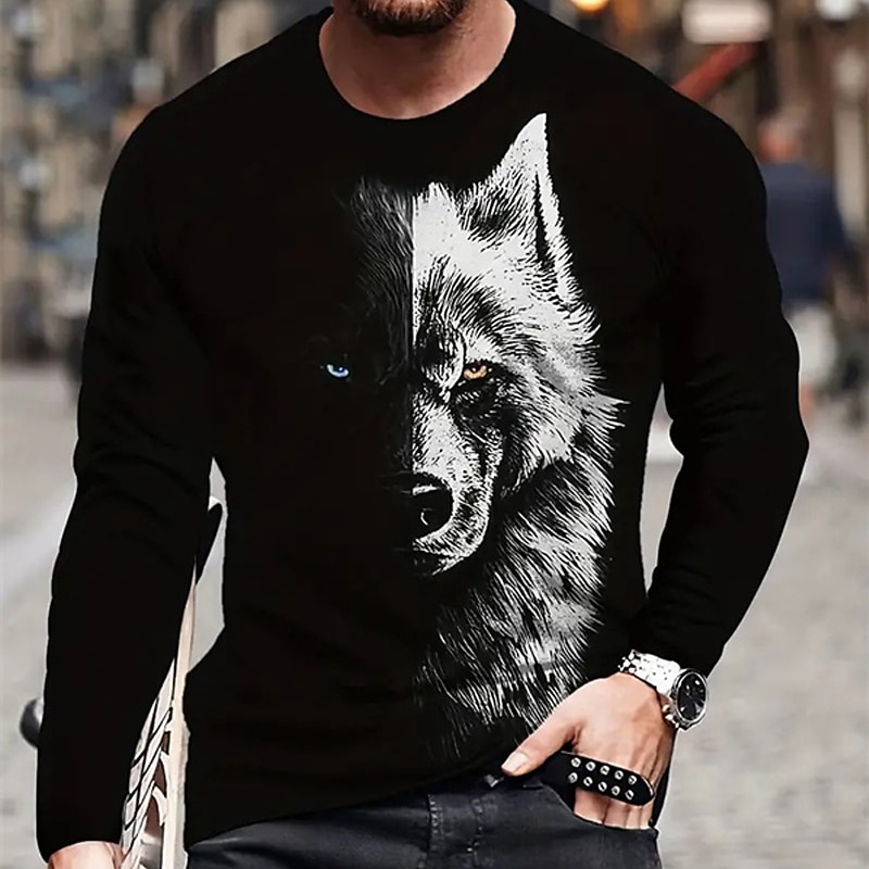 Herre Grafisk Dyr Ulv T skjorte Langermet T skjorte 3D-utskrift Crew-hals Skjorte Mote Designer Fritid Sport & Utendørs Ferie Ut på byen Svart Vår & Vinter Klær S M L XL 2XL 3XL 4XL 2025 - $19.99 –P1