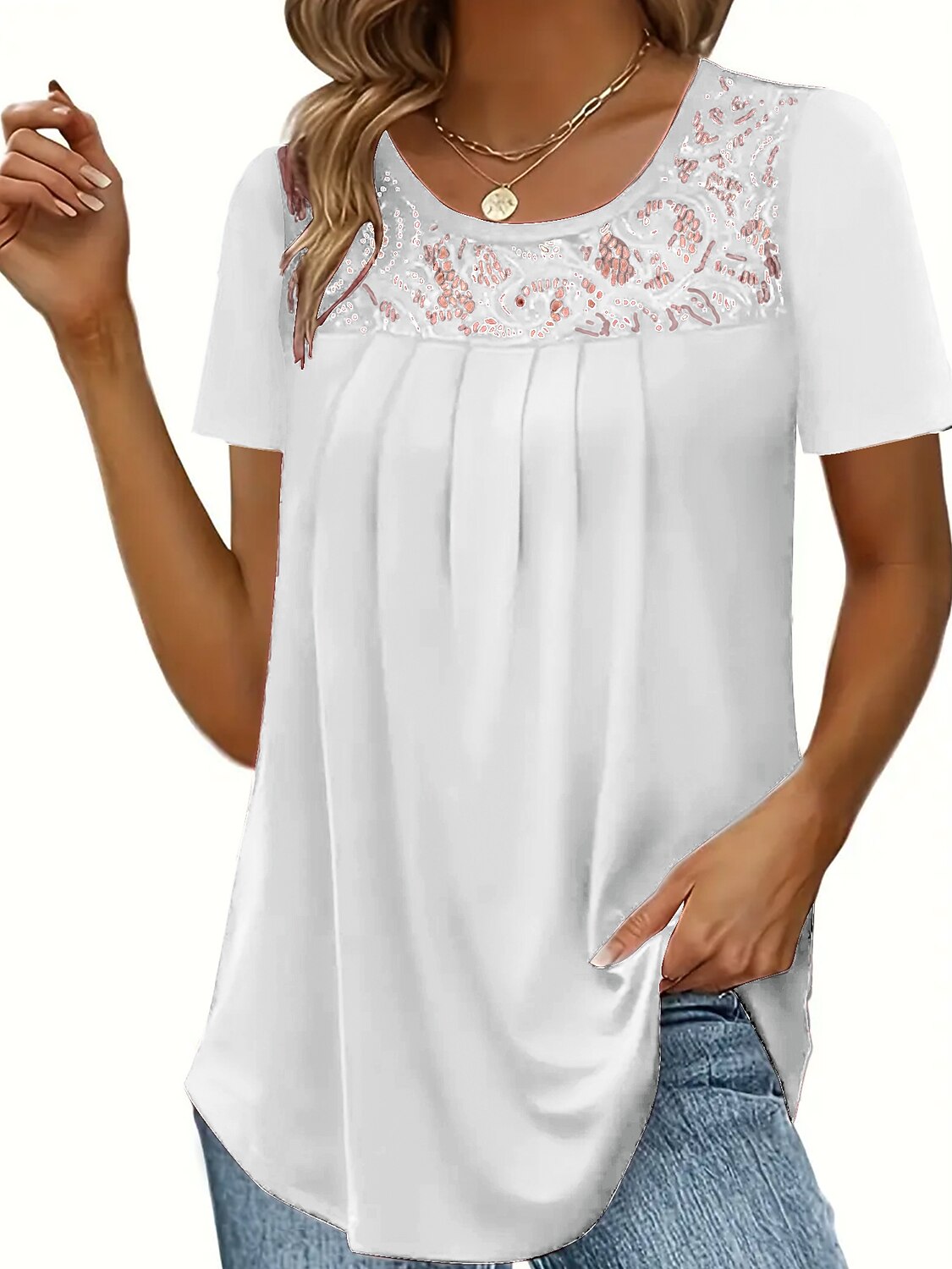 Ing Csipke ing Blúz Fehér csipke ing Női Fekete Fehér Arcpír rózsaszín Tömör szín Csipke Utca Napi Divat Kerek S 2025 - $21.99 –P14