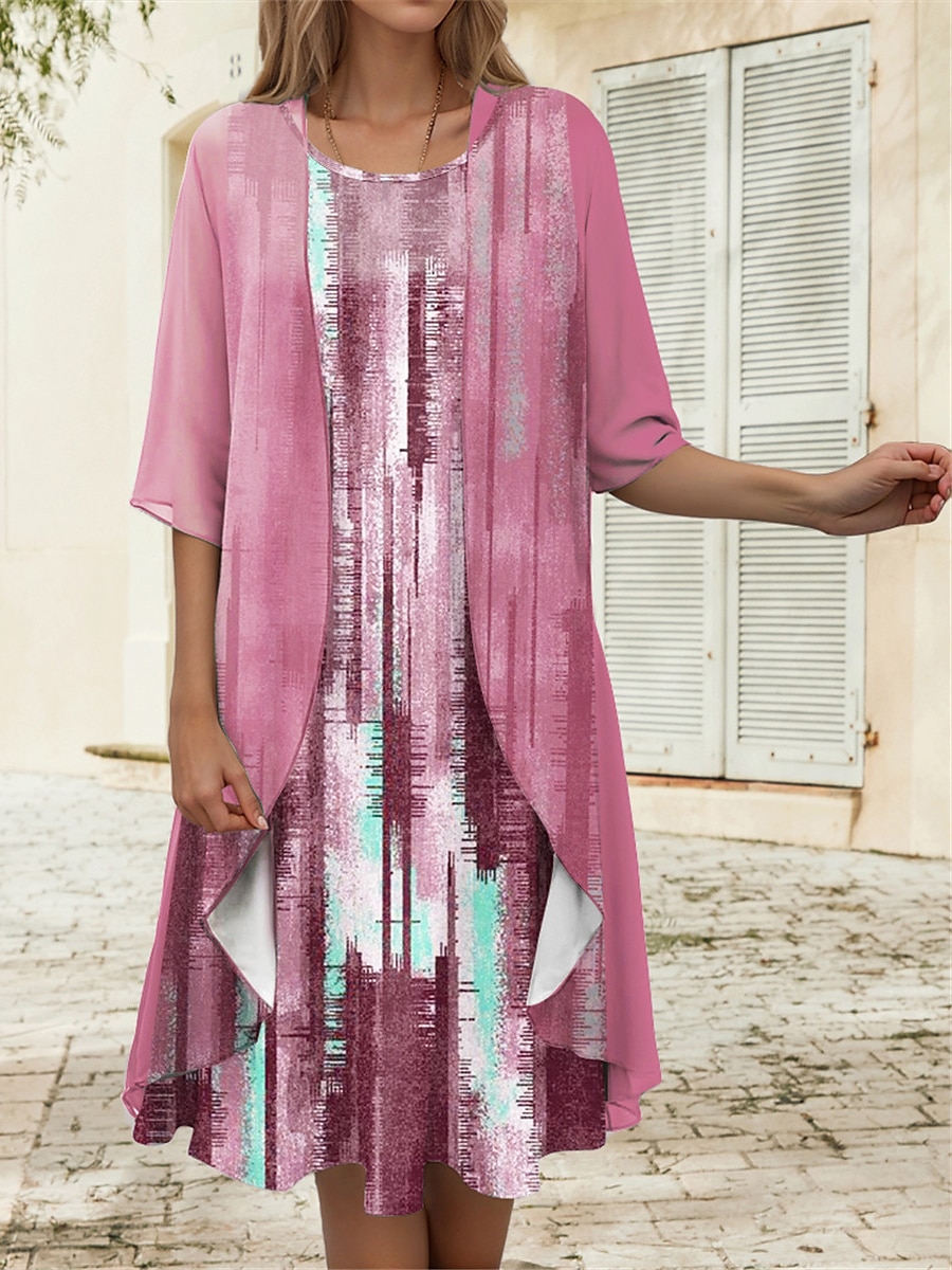 Women's Graduation Dress Midi Dress Two Piece Dress Set Casual Dress Chiffon Dress Print Dress Fashion Modern Print Print Half Sleeve Crew Neck Outdoor Holiday Pink Blue Purple Spring Loose Fit 2025 - $36.99 –P4